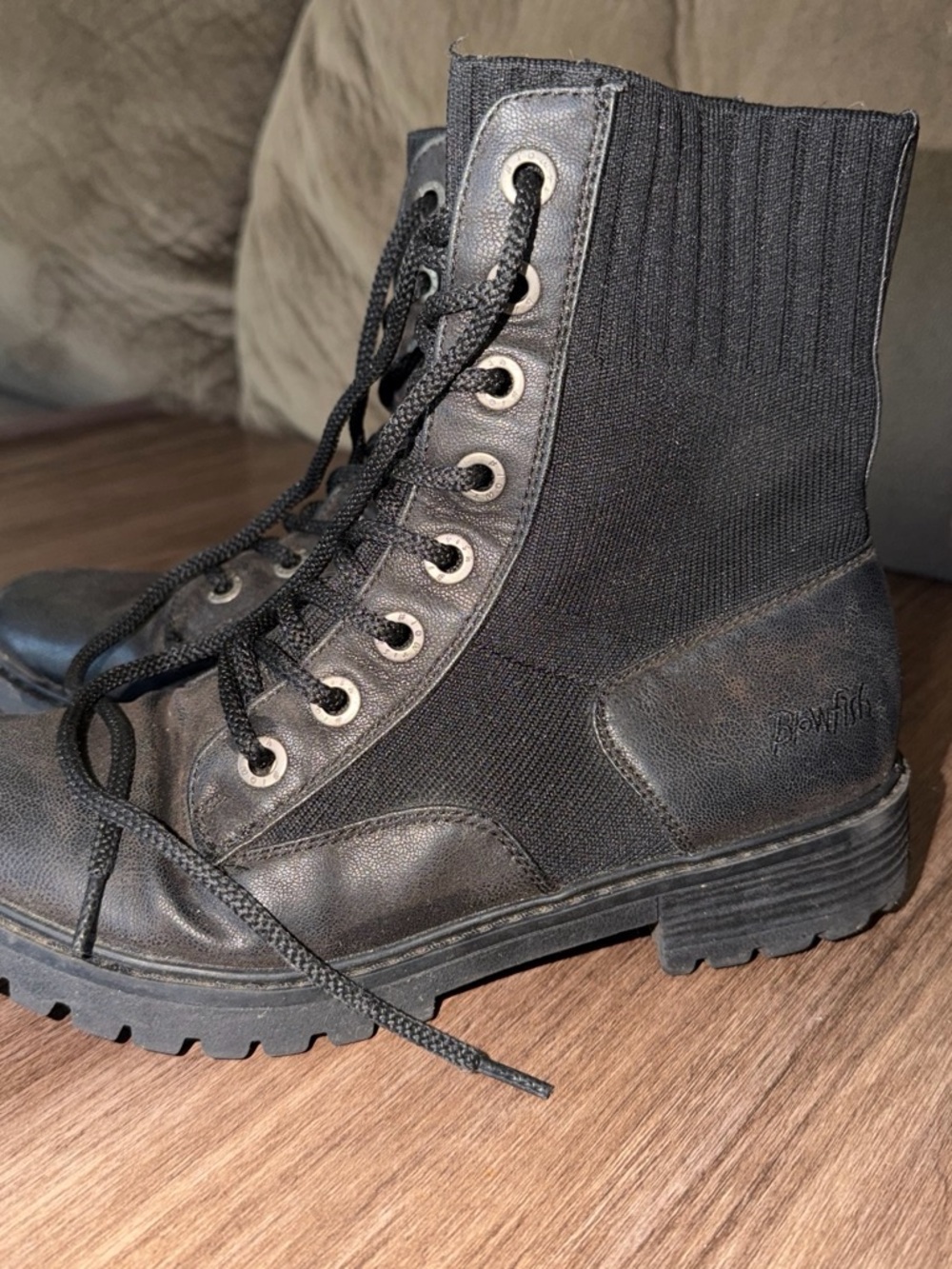Women's Black Lace-Up Combat Boots with Knit Ankle